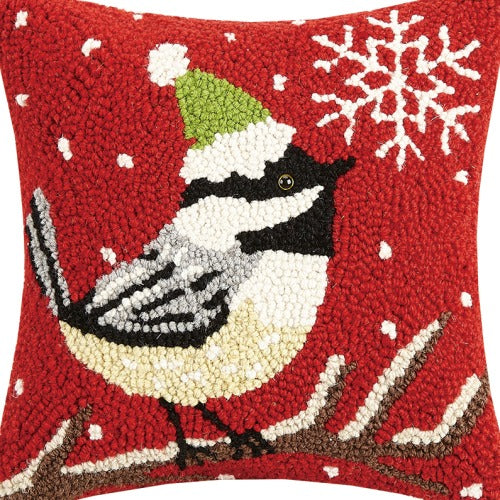 Chickadee with Snowflake Hooked Wool Christmas Throw Pillow, close-up detail