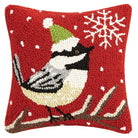 Chickadee with Snowflake Hooked Wool Christmas Throw Pillow, 10x10 inch, front view