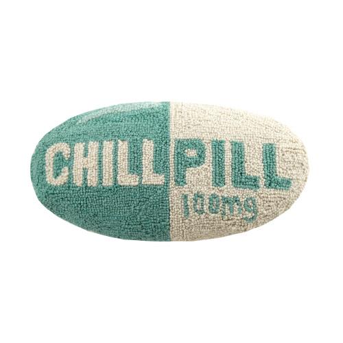 Chill Pill Hooked Wool Throw Pillow, 9x16 inch, front view