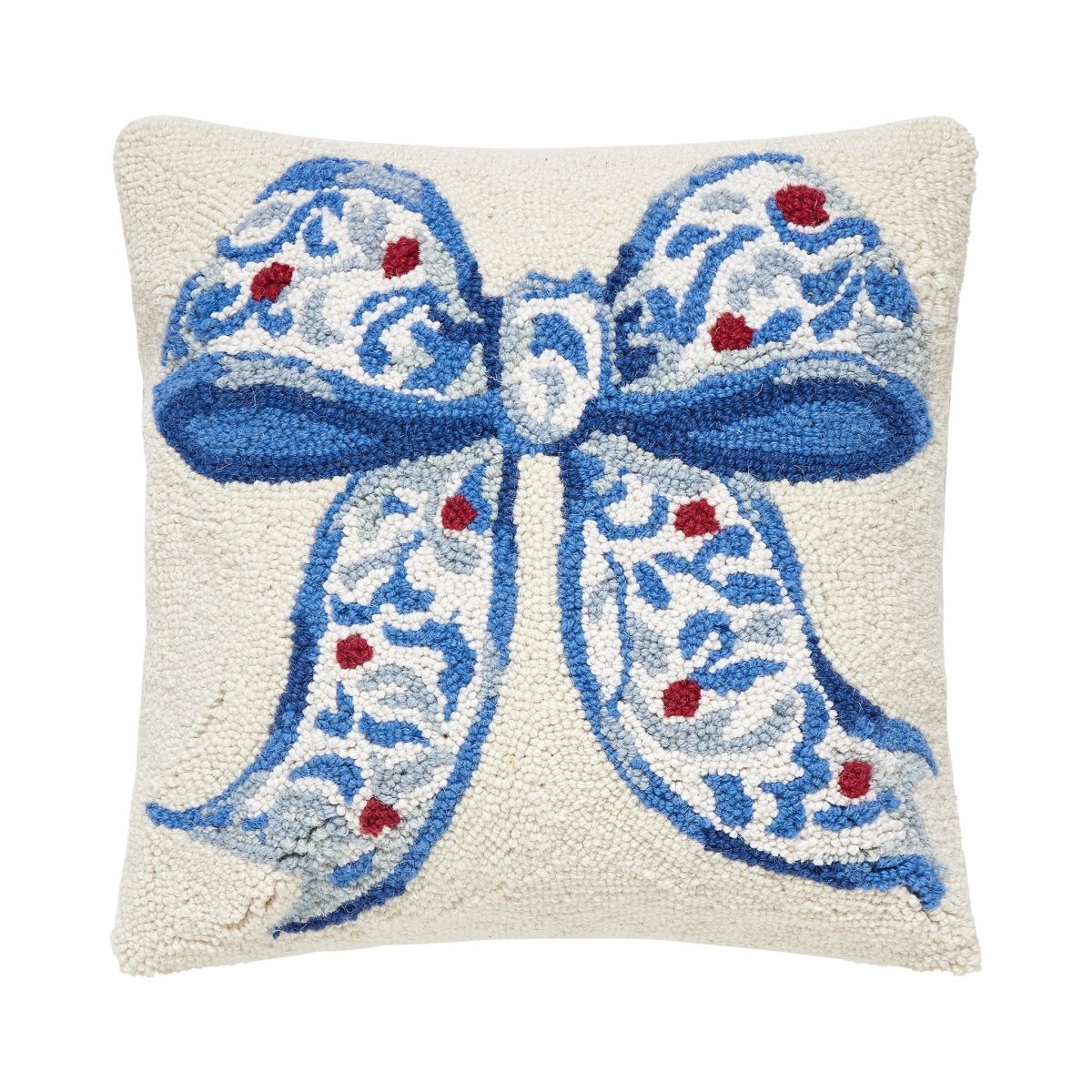 Chinoiserie Bow Hooked Wool Christmas Throw Pillow, 16x16 inch, front view
