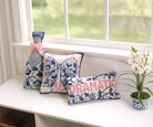 Chinoiserie Bow Hooked Wool Throw Pillow shown alongside other designs in the same collection, 14x14 inch