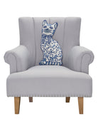 Chinoiserie Cat Hooked Wool Throw Pillow on an armchair, showing the throw pillow at room scale, 12x20 inch