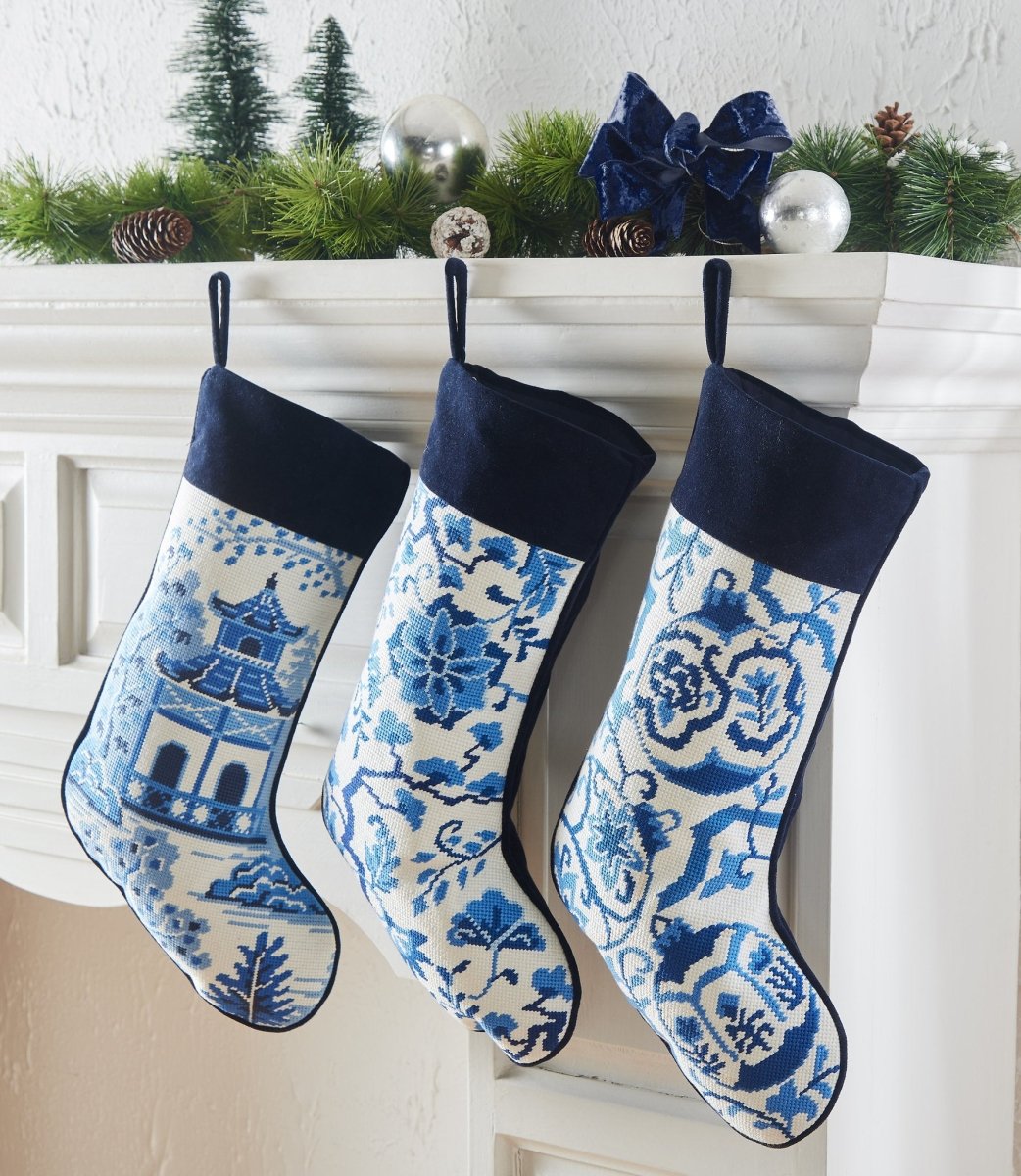 Chinoiserie Embroidered Needlepoint Christmas Stocking shown alongside other designs in the same collection, 11x18 inch