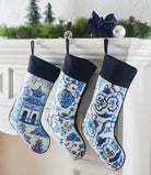 Chinoiserie Embroidered Needlepoint Christmas Stocking shown alongside other designs in the same collection, 11x18 inch