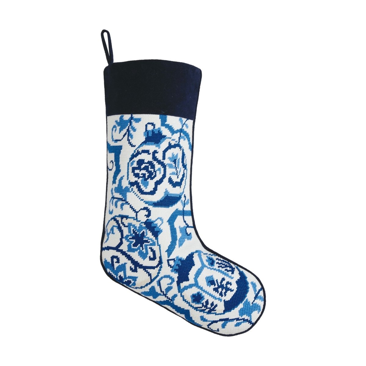 Chinoiserie Embroidered Needlepoint Christmas Stocking, 11x18 inch, front view