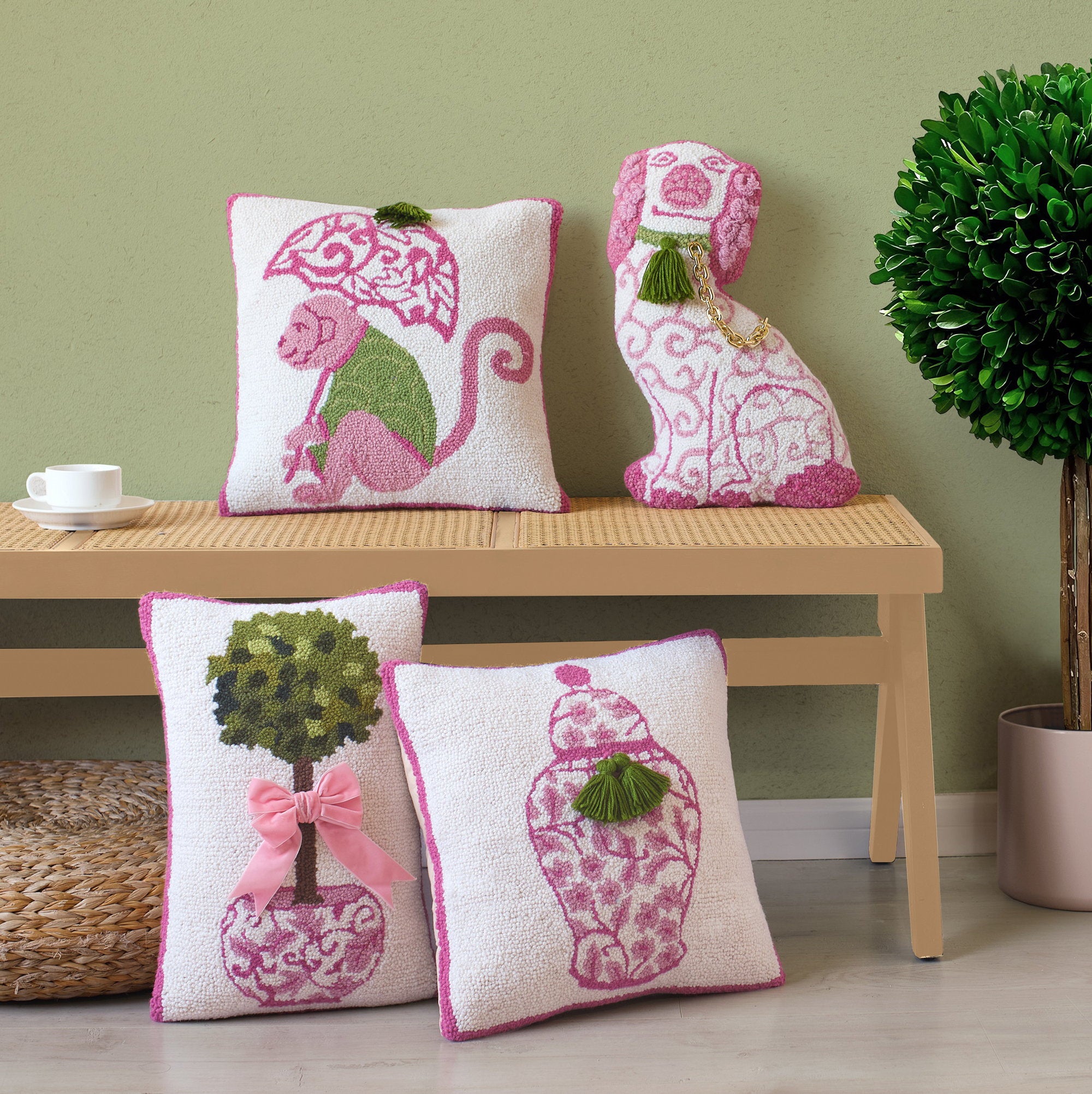 Chinoiserie Monkey Hooked Wool Throw Pillow shown alongside other designs in the same collection, 16x16 inch