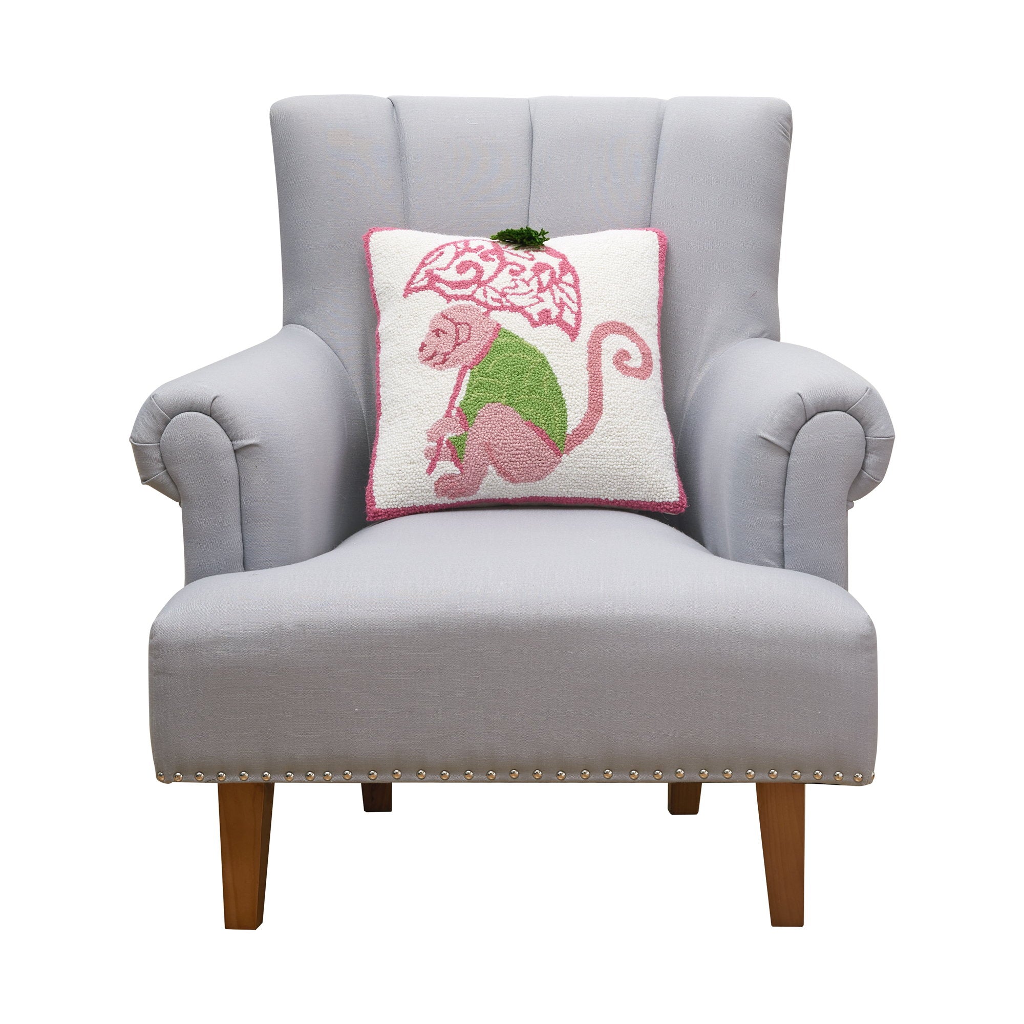 Chinoiserie Monkey Hooked Wool Throw Pillow on an armchair, showing the throw pillow at room scale, 16x16 inch