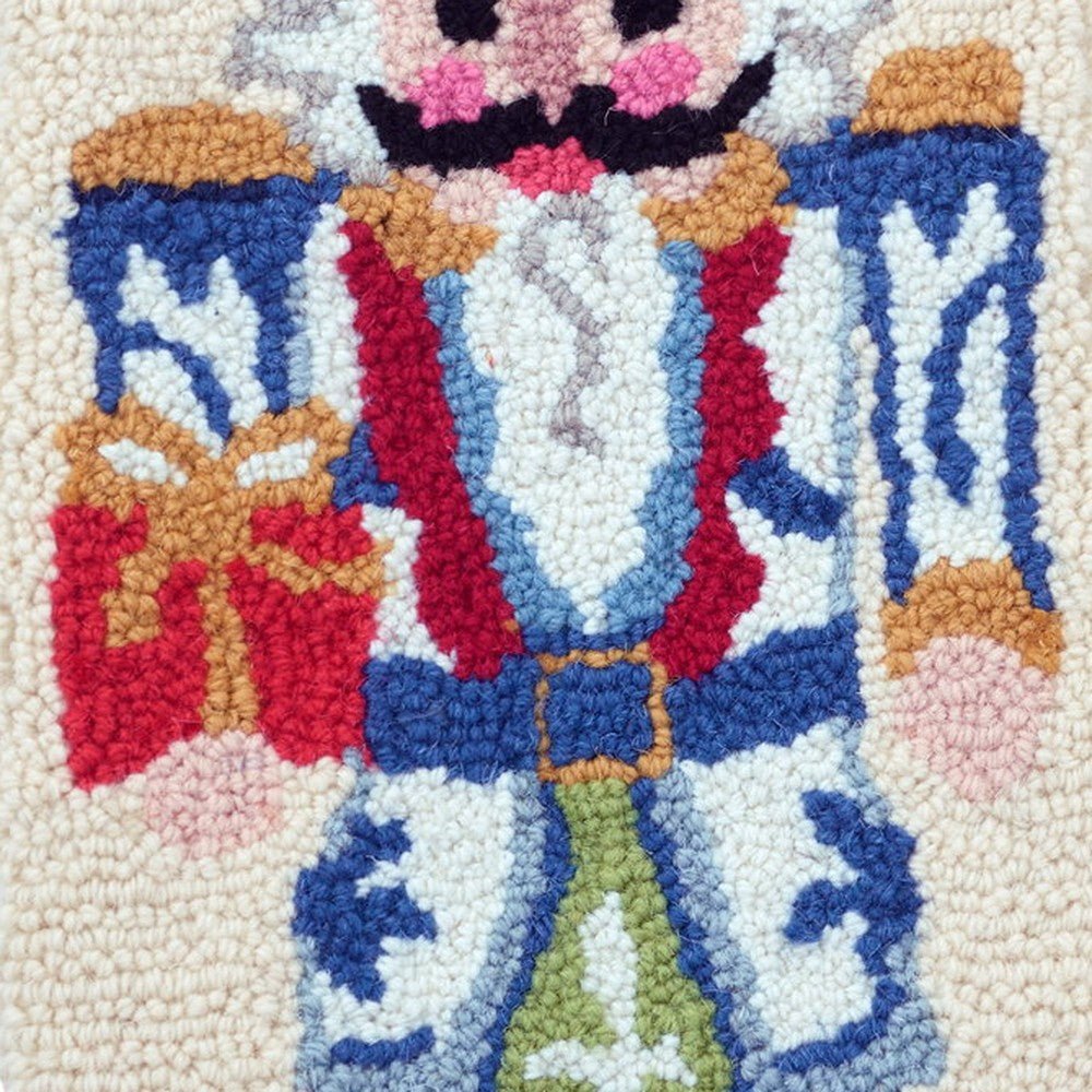 Closeup of Chinoiserie Nutcracker Hooked Wool Christmas Stocking showing stitch texture and craftsmanship detail