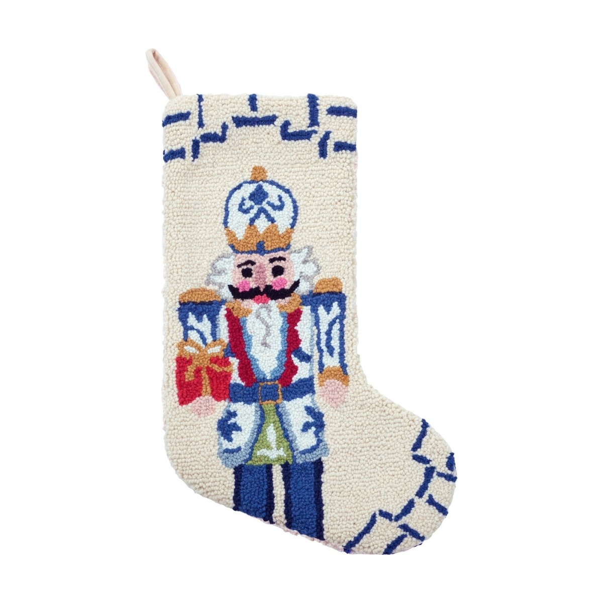 Chinoiserie Nutcracker Hooked Wool Christmas Stocking, 12x20 inch, front view