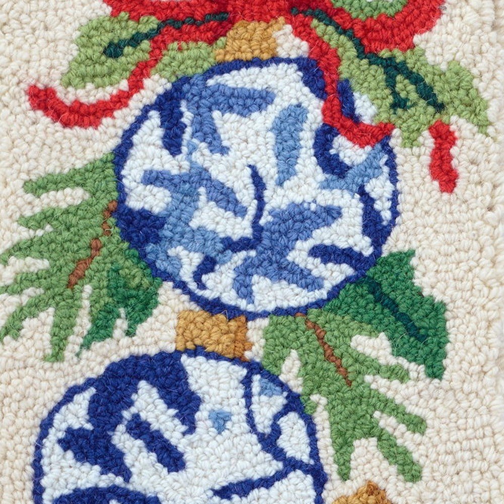 Closeup of Chinoiserie Ornaments Hooked Wool Christmas Stocking showing stitch texture and craftsmanship detail
