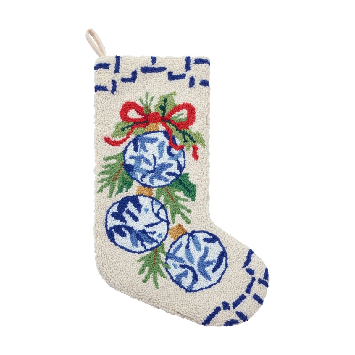 Chinoiserie Ornaments Hooked Wool Christmas Stocking, 12x20 inch, front view