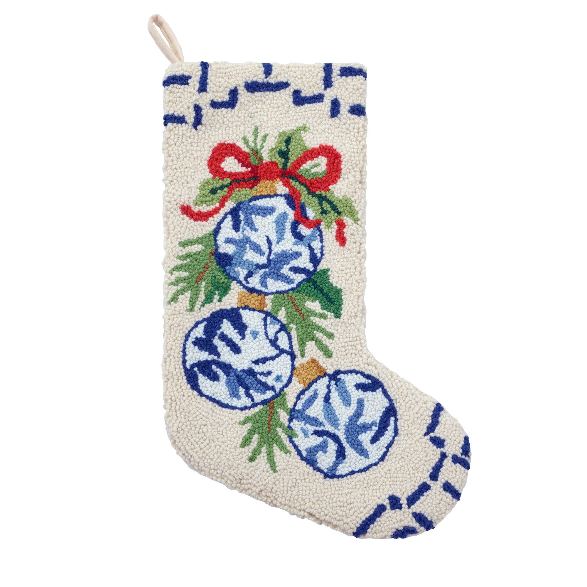 Chinoiserie Ornaments Hooked Wool Christmas Stocking, 12x20 inch, front view