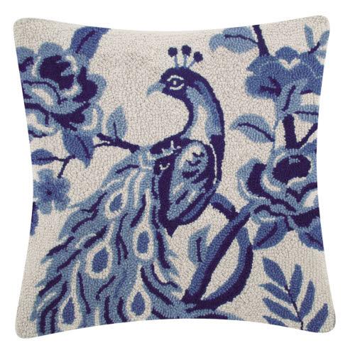 Chinoiserie Peacock Hooked Wool Throw Pillow, 18x18 inch, front view