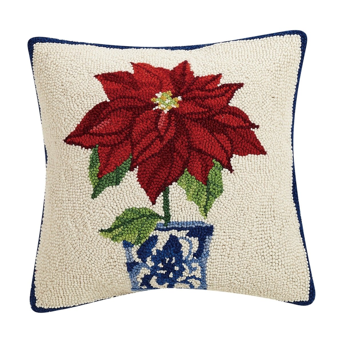 Chinoiserie Poinsettia Hooked Wool Christmas Throw Pillow, 16x16 inch, front view