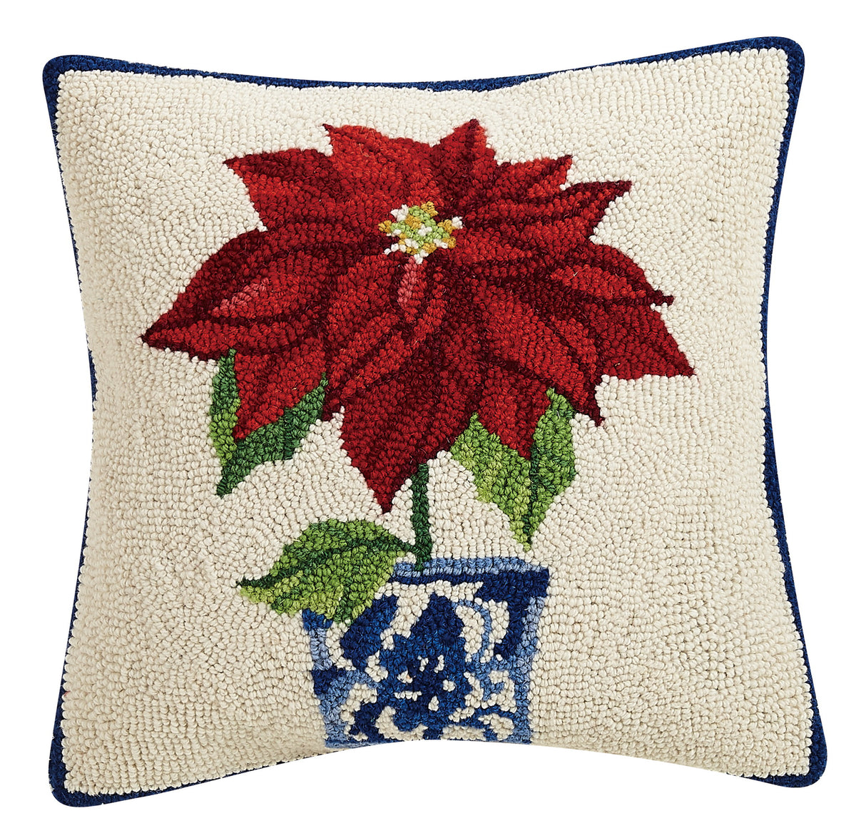 Chinoiserie Poinsettia Hooked Wool Christmas Throw Pillow, 16x16 inch, front view