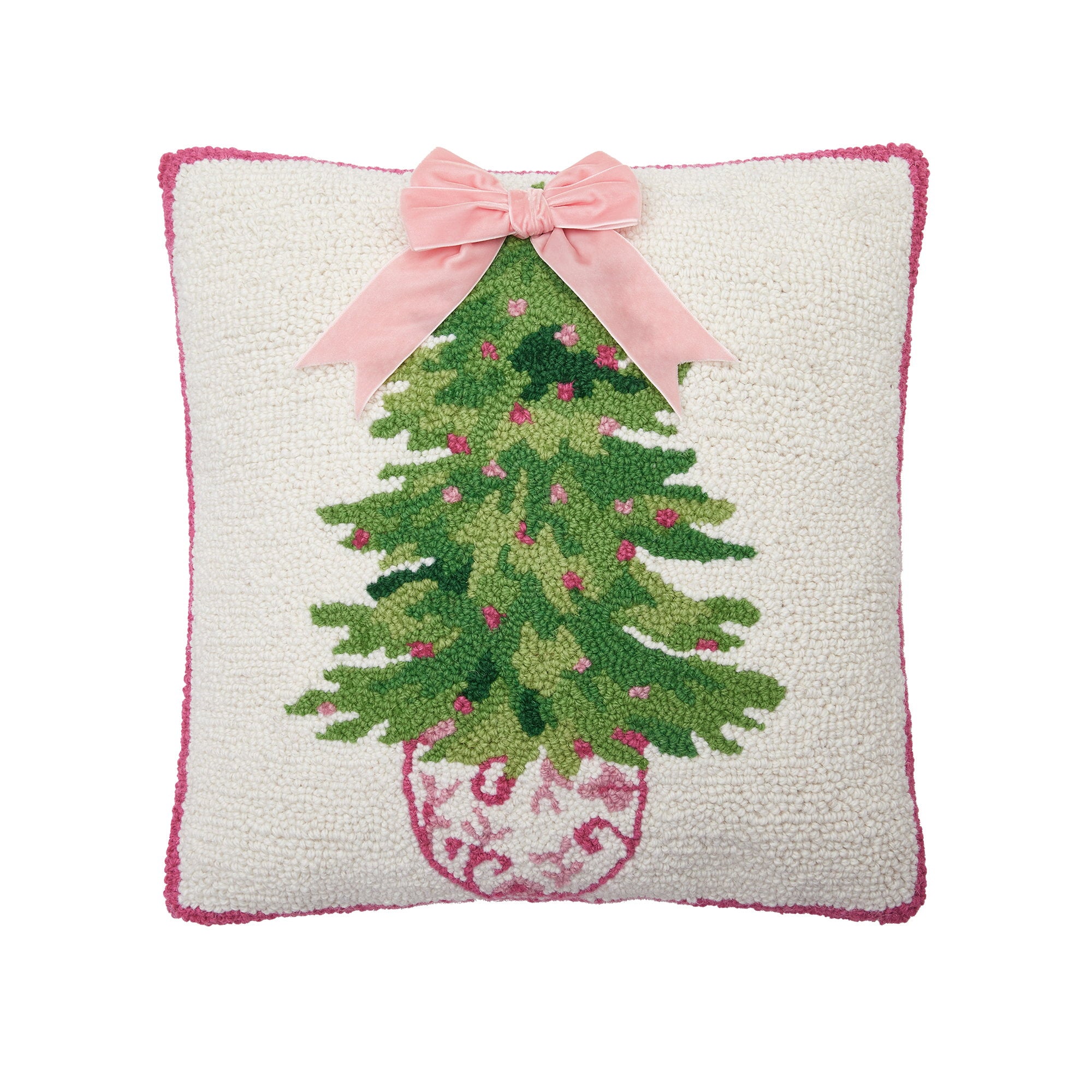 Chinoiserie Ribbon Tree Hooked Wool Christmas Throw Pillow, 16x16 inch, front view