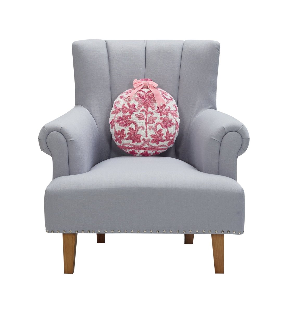 Chinoiserie Shape Hooked Wool Christmas Throw Pillow on an armchair, showing the throw pillow at room scale, 14x14 inch