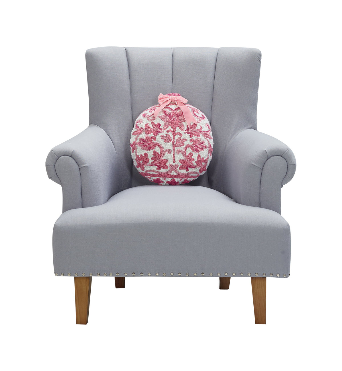 Chinoiserie Shape Hooked Wool Christmas Throw Pillow on an armchair, showing the throw pillow at room scale, 14x14 inch