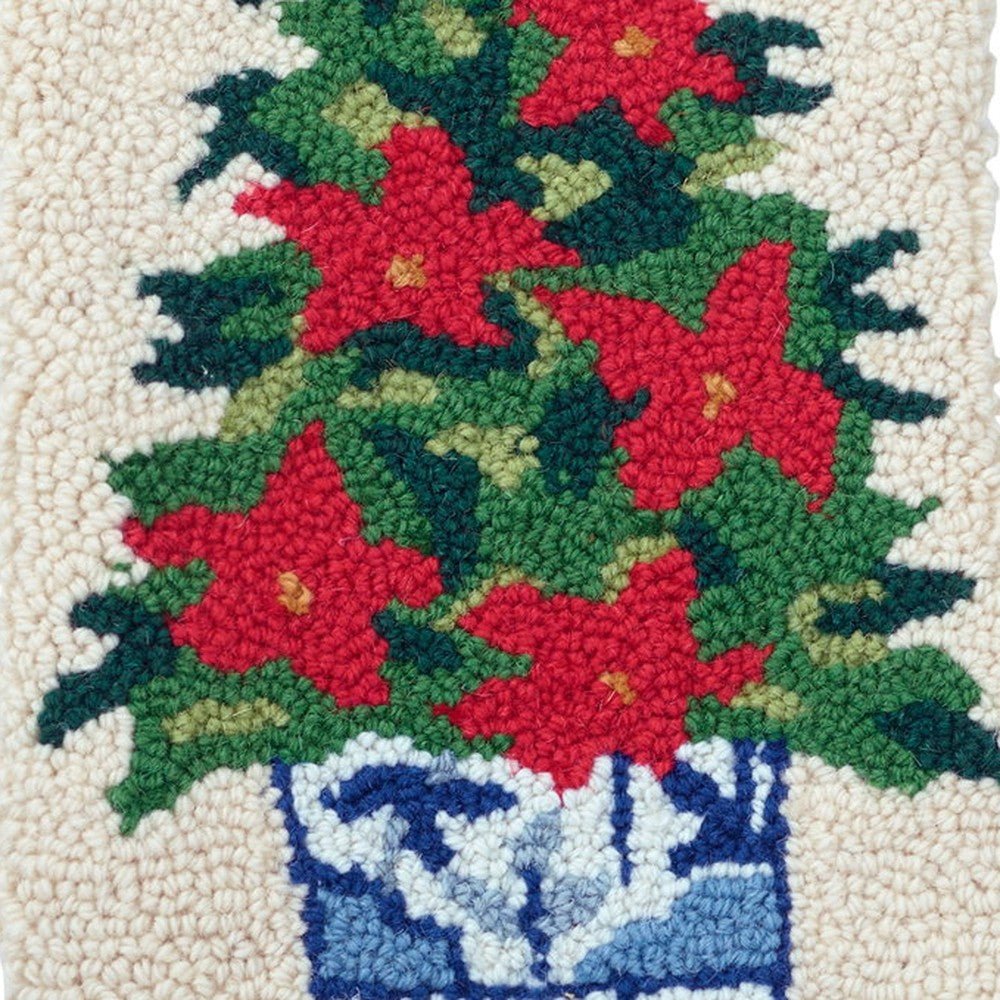 Closeup of Chinoiserie Tree Hooked Wool Christmas Stocking showing stitch texture and craftsmanship detail