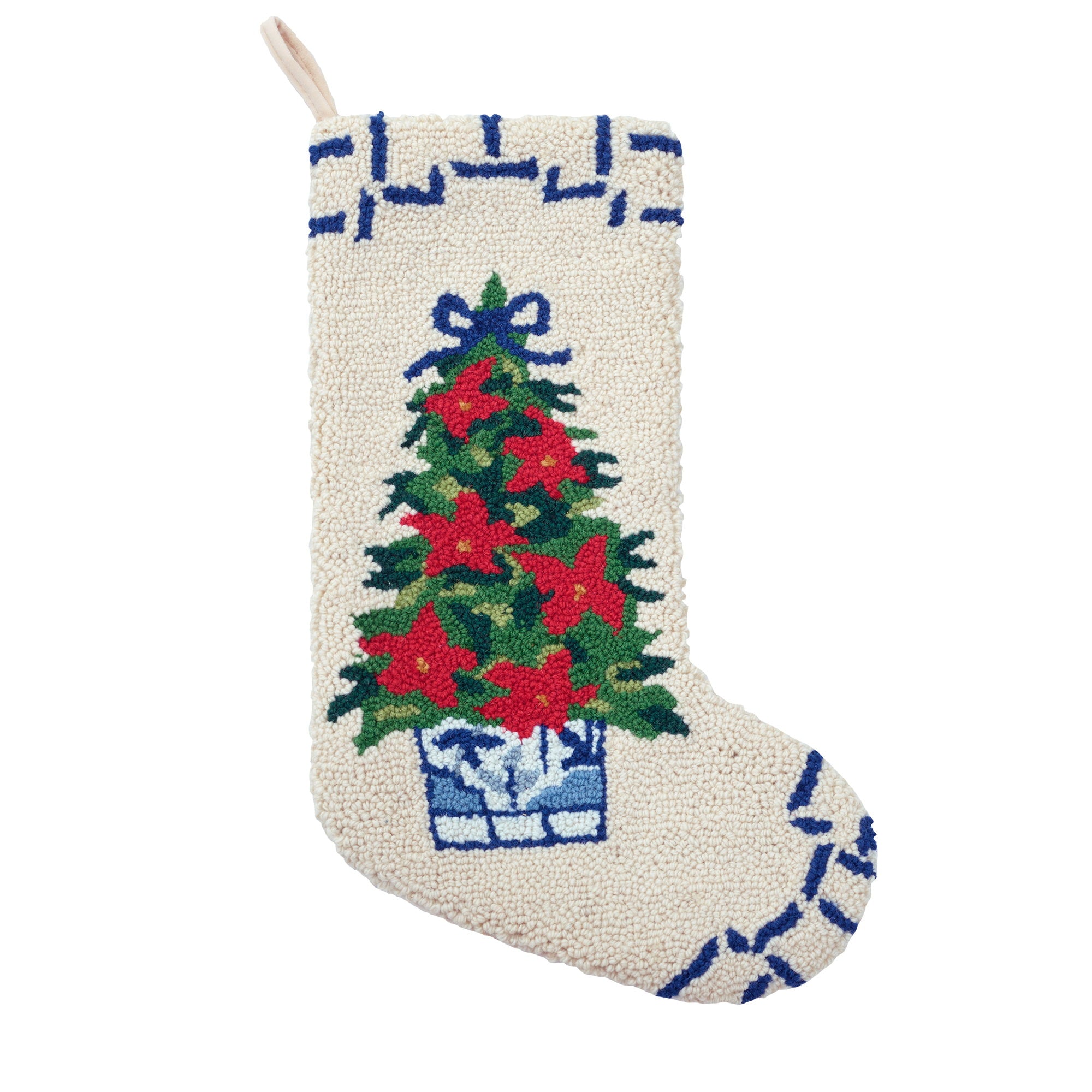 Chinoiserie Tree Hooked Wool Christmas Stocking, 12x20 inch, front view