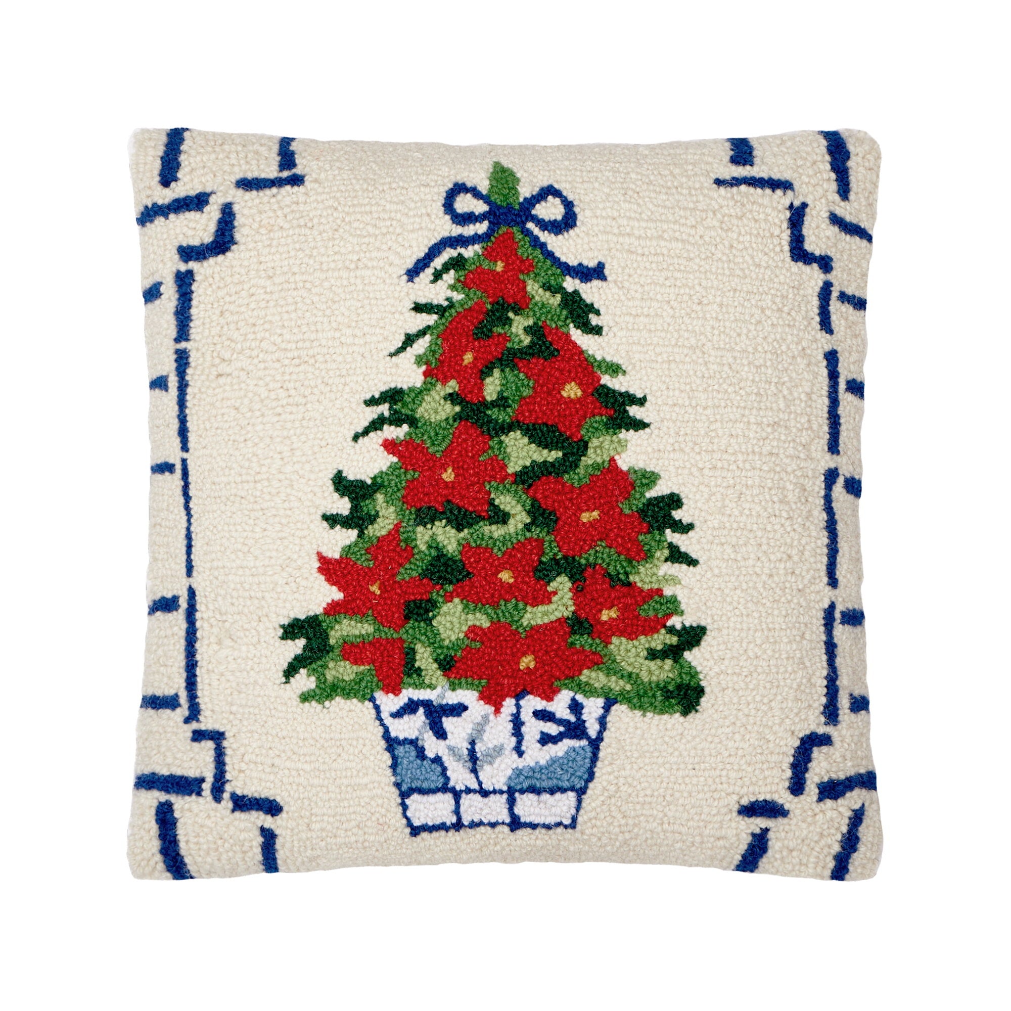 Chinoiserie Tree Hooked Wool Christmas Throw Pillow, 16x16 inch, front view