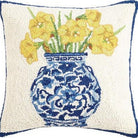 Chinoiserie Vase Daffodils Hooked Wool Throw Pillow, close-up detail