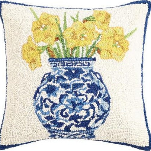 Chinoiserie Vase Daffodils Hooked Wool Throw Pillow, close-up detail