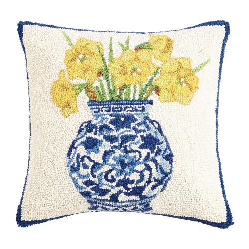 Chinoiserie Vase Daffodils Hooked Wool Throw Pillow, 16x16 inch, front view