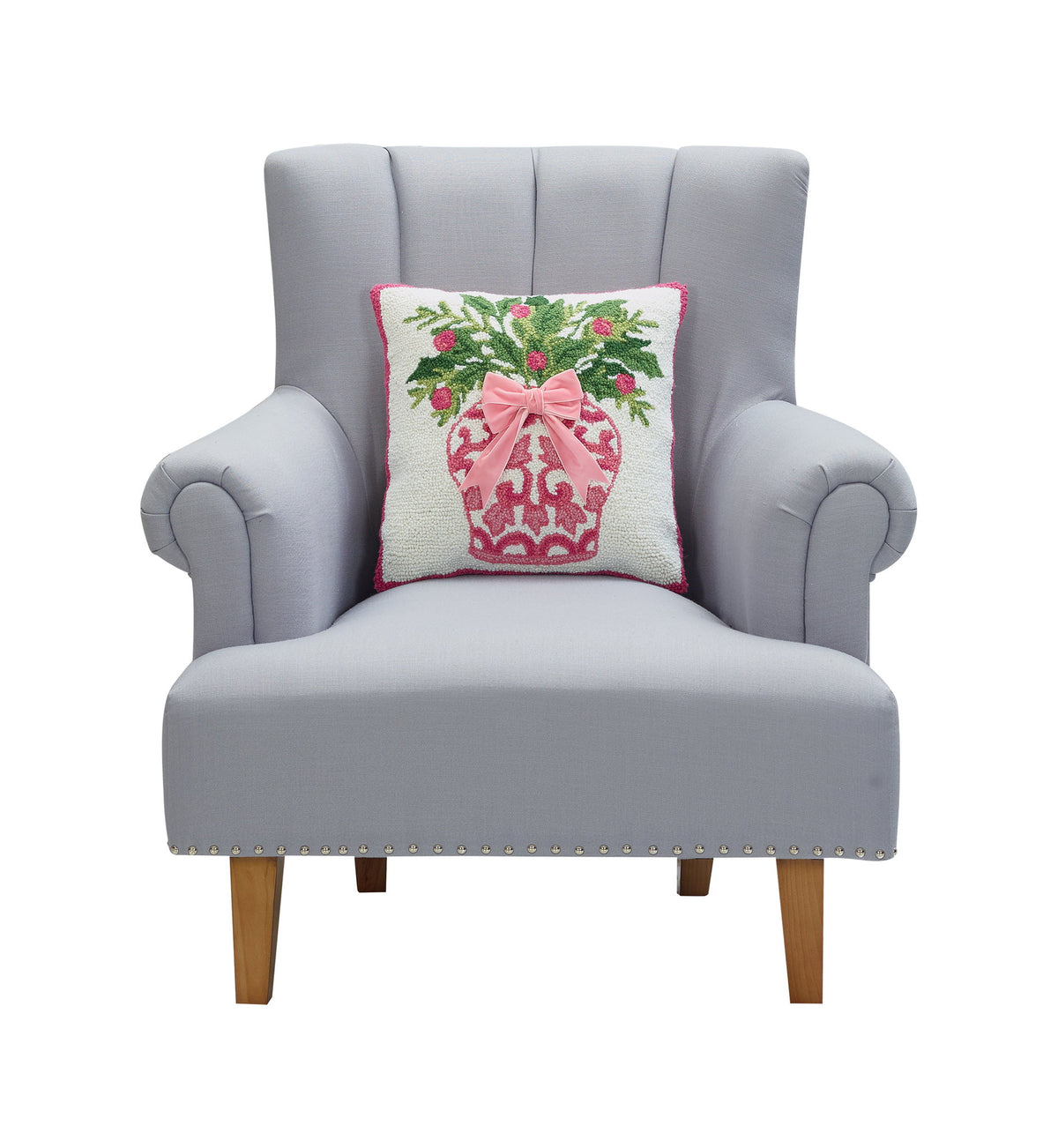 Chinoiserie Vase Ribbon Hooked Wool Christmas Throw Pillow on an armchair, showing the throw pillow at room scale, 16x16 inch