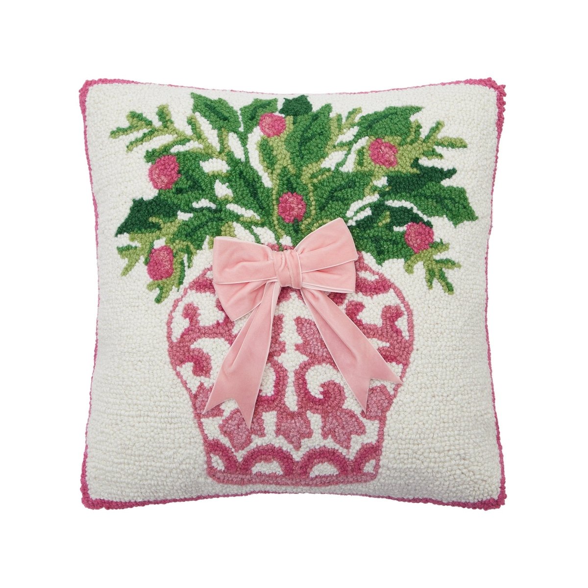 Chinoiserie Vase Ribbon Hooked Wool Christmas Throw Pillow, 16x16 inch, front view
