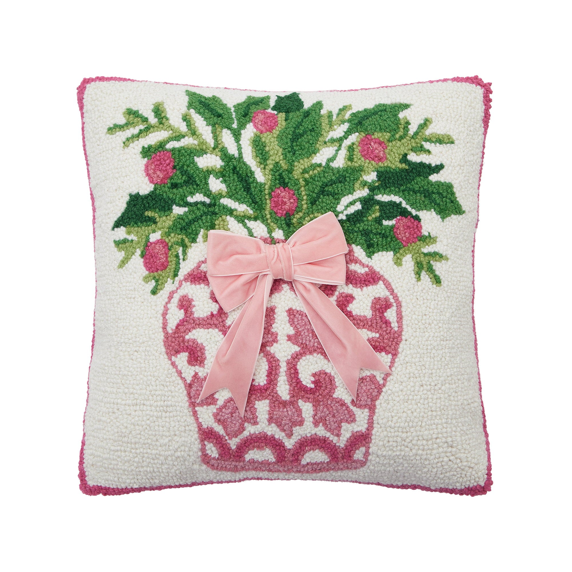Chinoiserie Vase Ribbon Hooked Wool Christmas Throw Pillow, 16x16 inch, front view