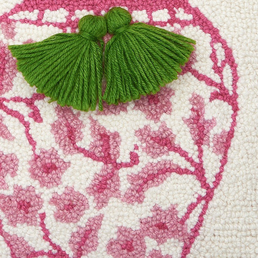 Chinoiserie Vase with Tassels Hooked Wool Throw Pillow, close-up detail