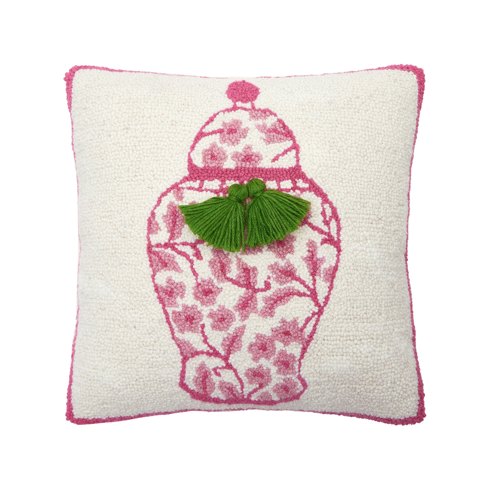 Chinoiserie Vase with Tassels Hooked Wool Throw Pillow, 16x16 inch, front view