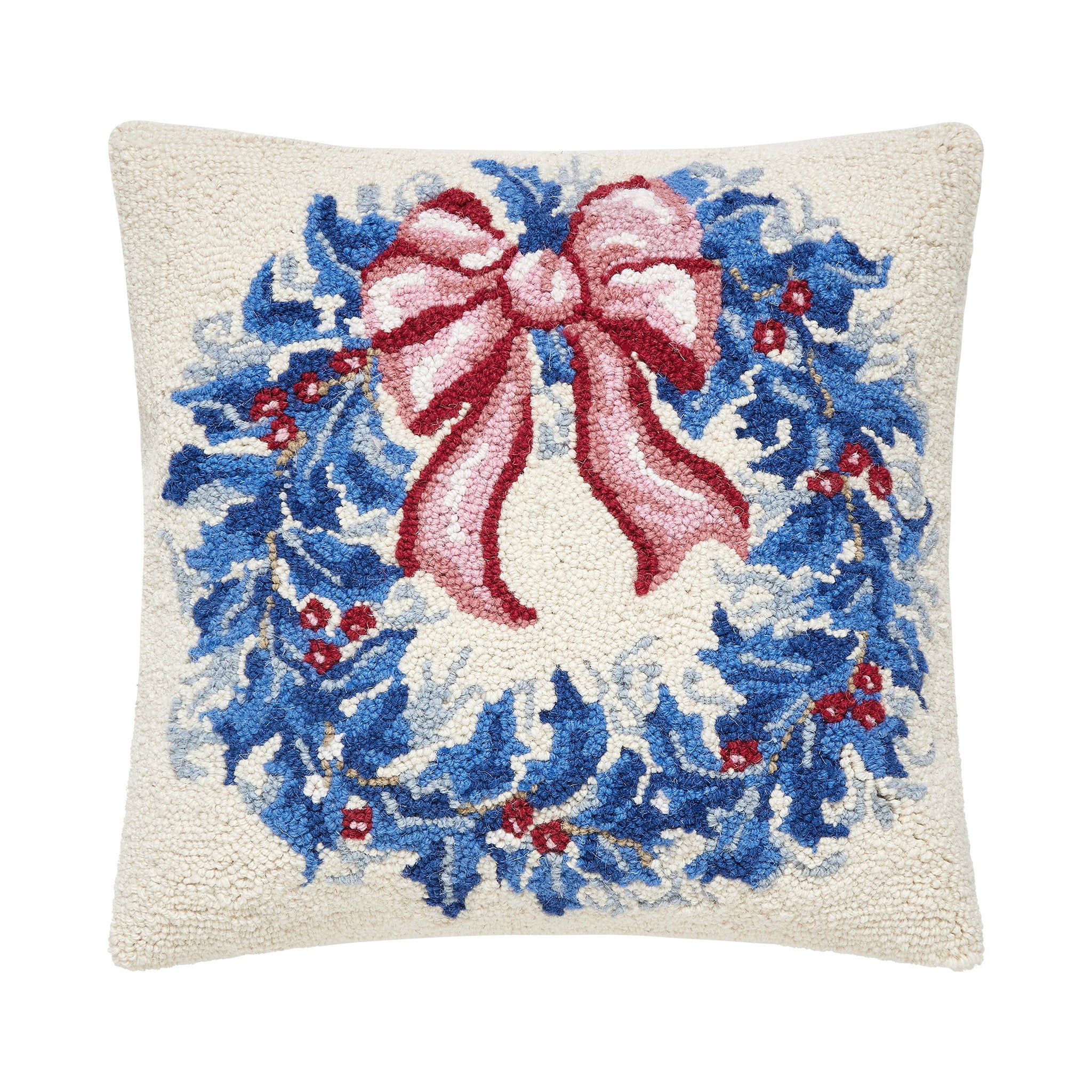 Chinoiserie Wreath Hooked Wool Christmas Throw Pillow, 18x18 inch, front view