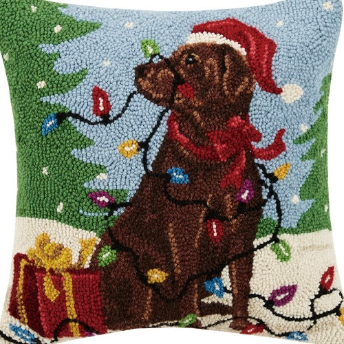 Chocolate Labrador with Lights Hooked Wool Christmas Throw Pillow, close-up detail