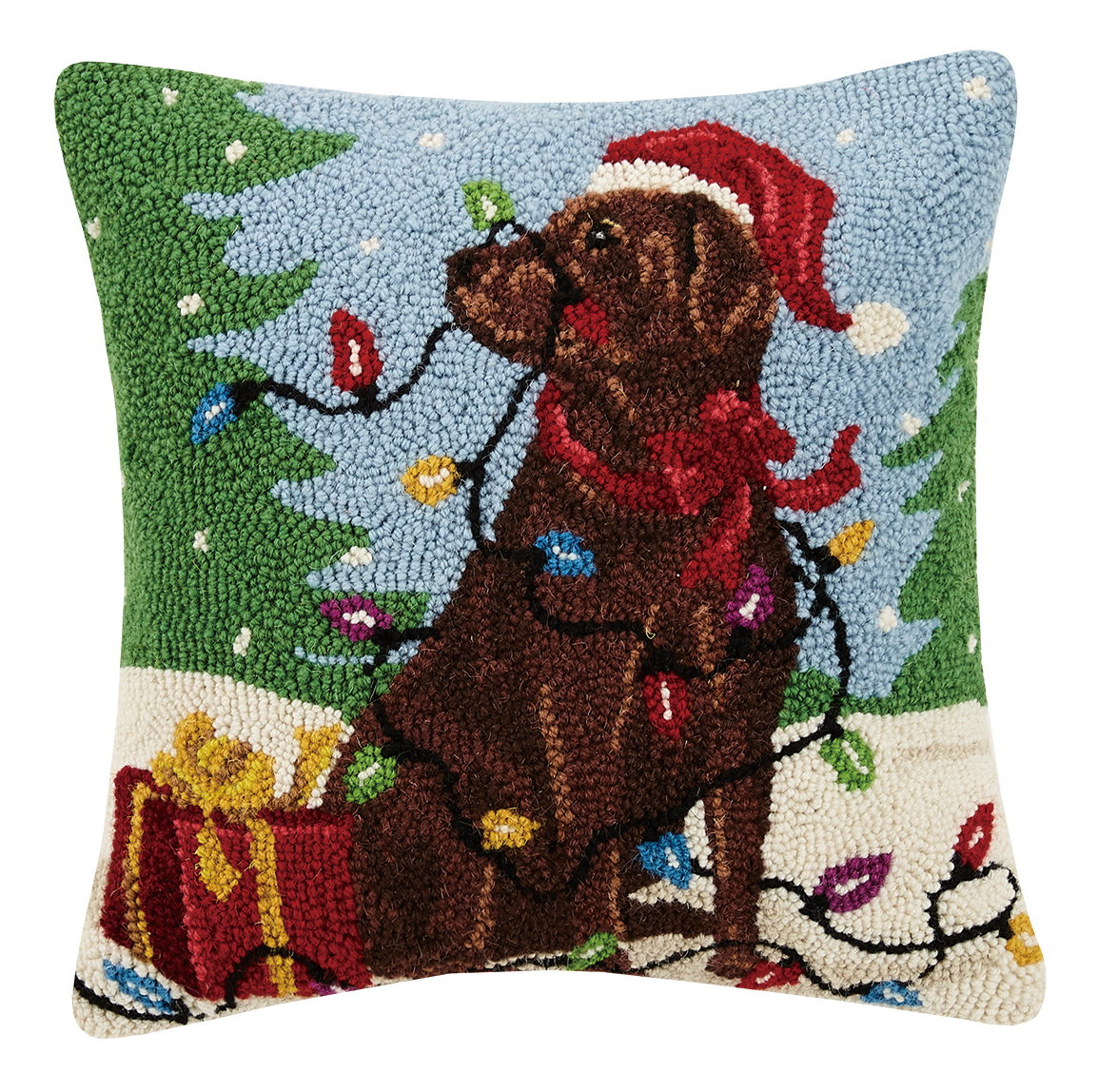 Chocolate Labrador with Lights Hooked Wool Christmas Throw Pillow, 16x16 inch, front view