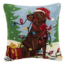Chocolate Labrador with Lights Hooked Wool Christmas Throw Pillow, 16x16 inch, front view