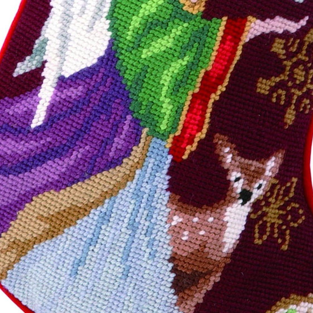Closeup of Christmas Angel Wool Needlepoint Stocking showing stitch texture and craftsmanship detail