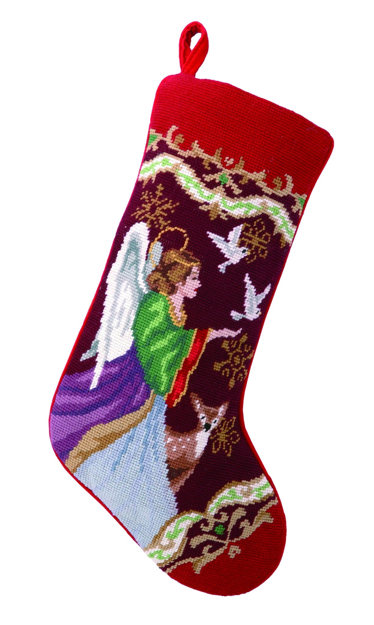 Christmas Angel Wool Needlepoint Stocking, 11x18 inch, front view
