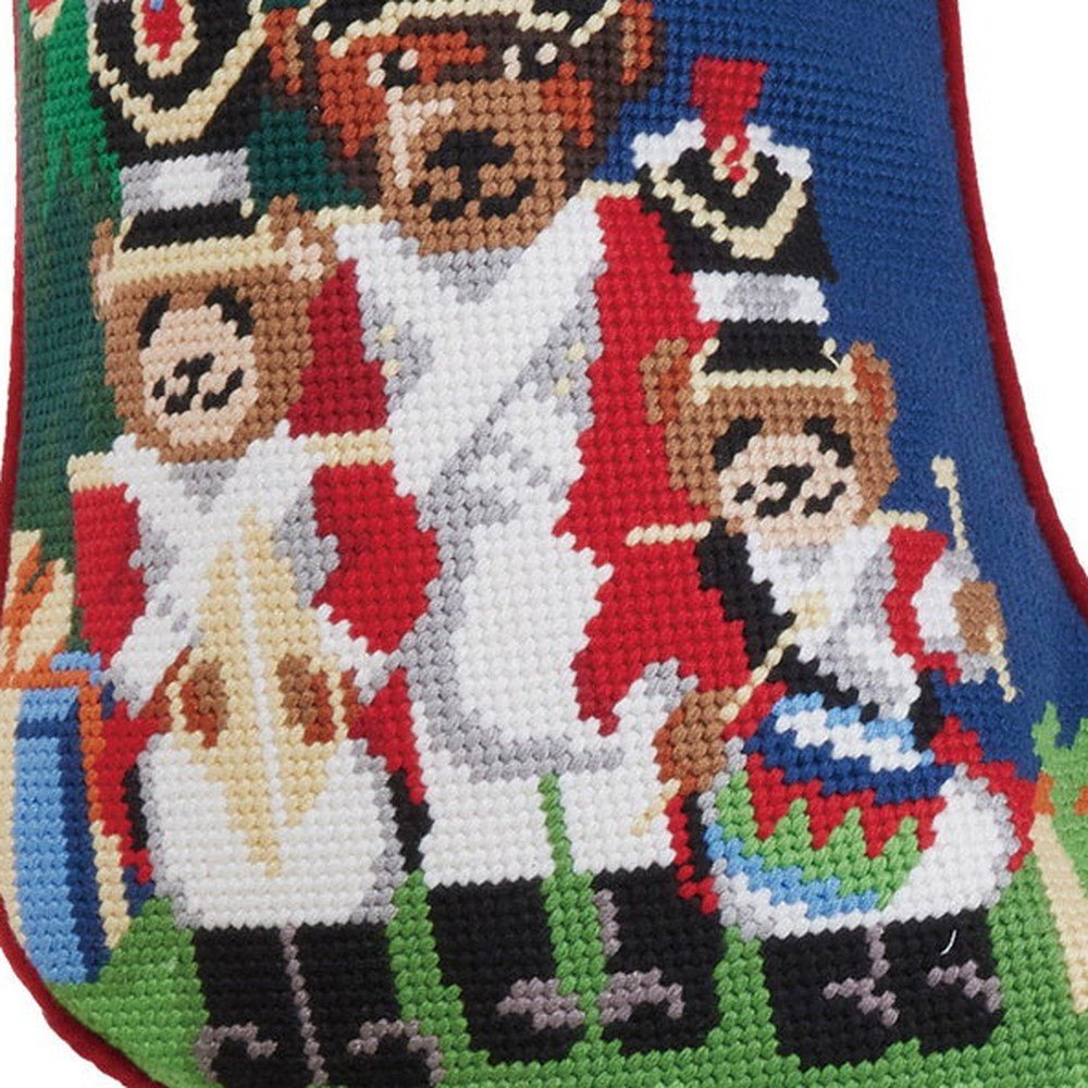 Closeup of Christmas Bears Embroidered Needlepoint Stocking showing stitch texture and craftsmanship detail