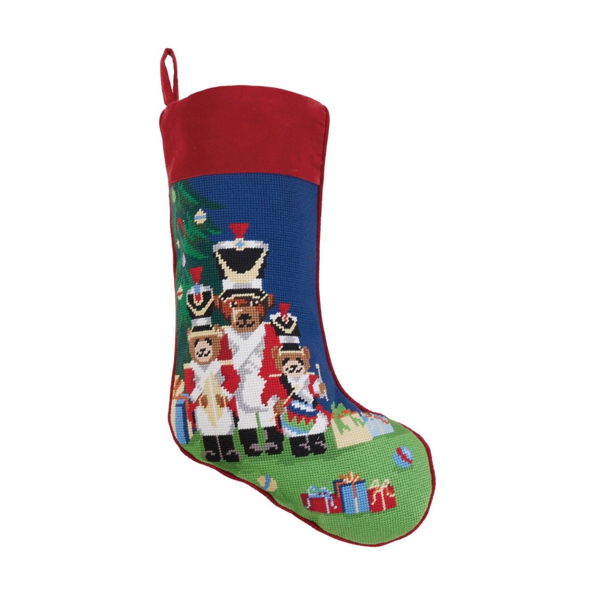 Christmas Bears Embroidered Needlepoint Stocking, 11x18 inch, front view