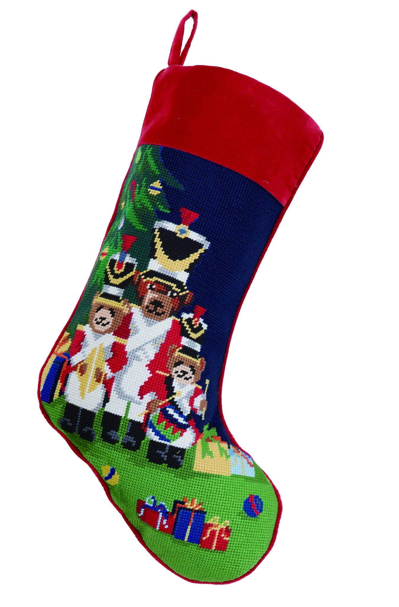 Christmas Bears Wool Needlepoint Stocking, 11x18 inch, front view