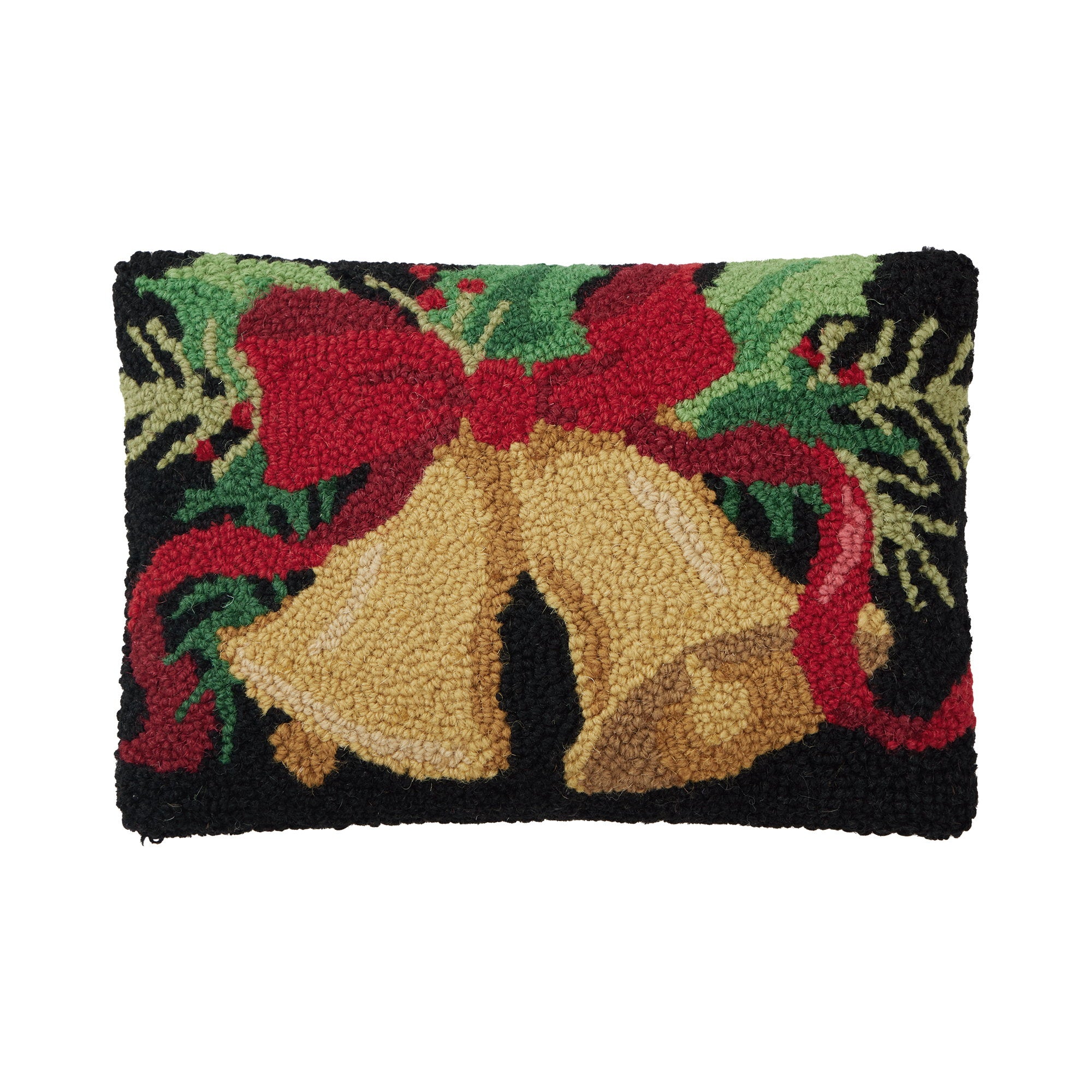Christmas Bell Hooked Wool Throw Pillow, 8x12 inch, front view