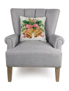 Christmas Bells Hooked Wool Throw Pillow on an armchair, showing the throw pillow at room scale, 16x16 inch
