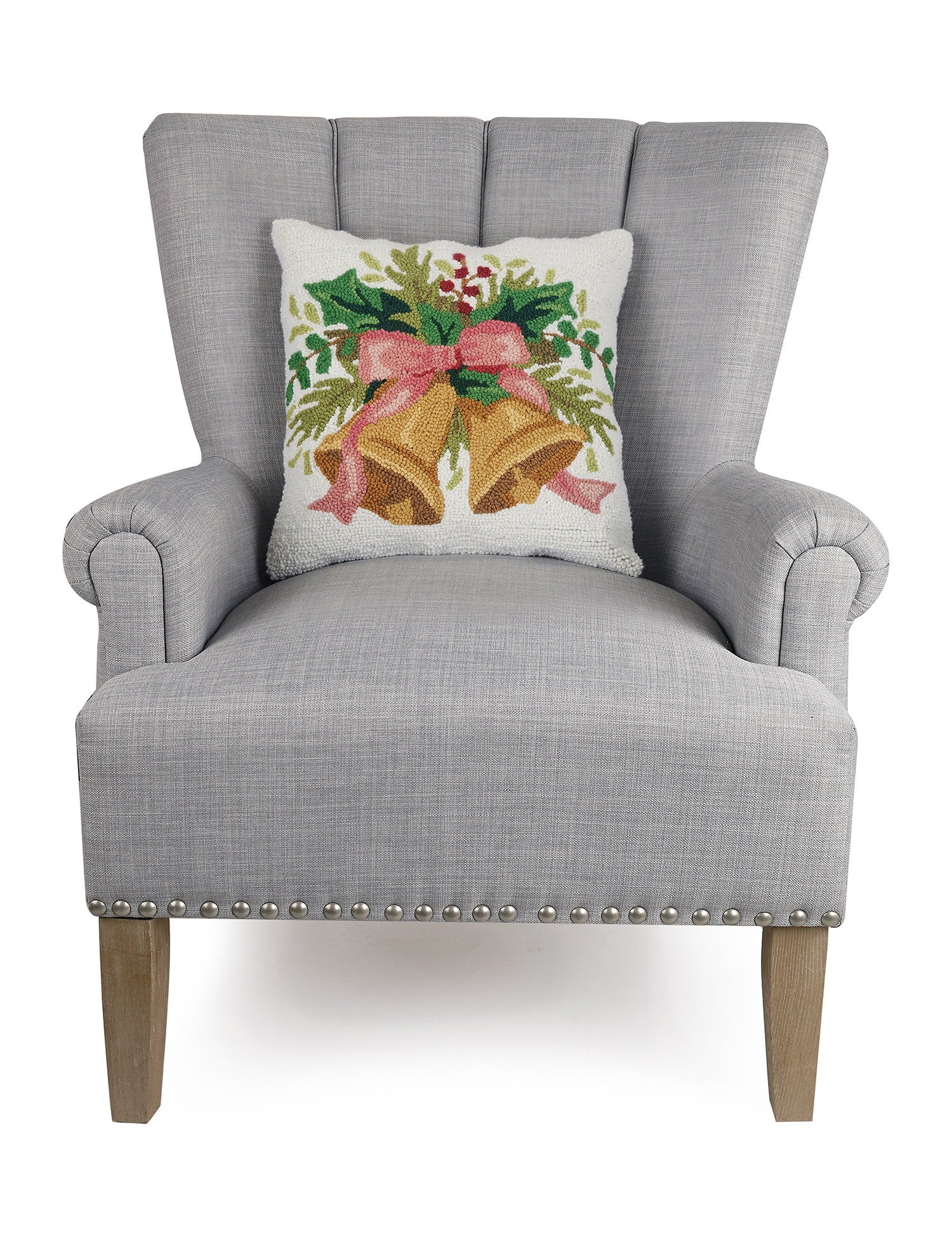 Christmas Bells Hooked Wool Throw Pillow on an armchair, showing the throw pillow at room scale, 16x16 inch
