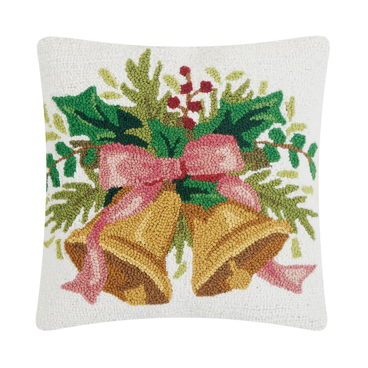 Christmas Bells Hooked Wool Throw Pillow, 16x16 inch, front view
