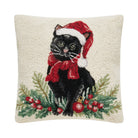 Christmas Black Cat Hooked Wool Throw Pillow, 16x16 inch, front view