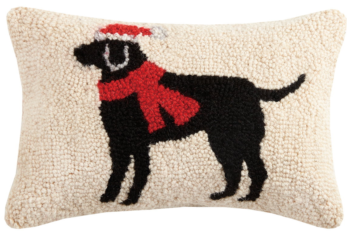 Christmas Black Lab Hooked Wool Throw Pillow, 8x12 inch, front view