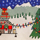 Closeup of Christmas Camper RV needlepoint rug highlighting hand-tufted wool craftsmanship and design detail