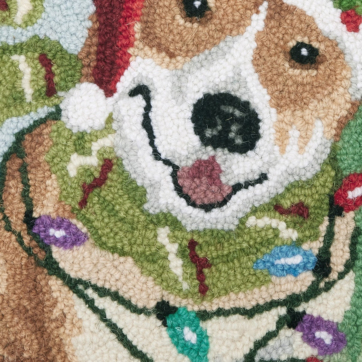 Christmas Corgi Hooked Wool Throw Pillow, close-up detail